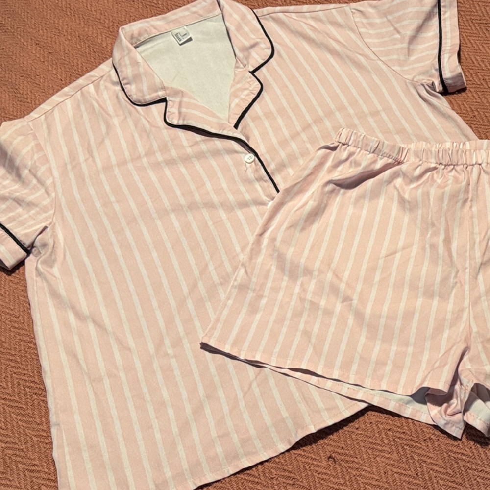 Classic Pink Stripe Short Pajama Set with Contrast Piping